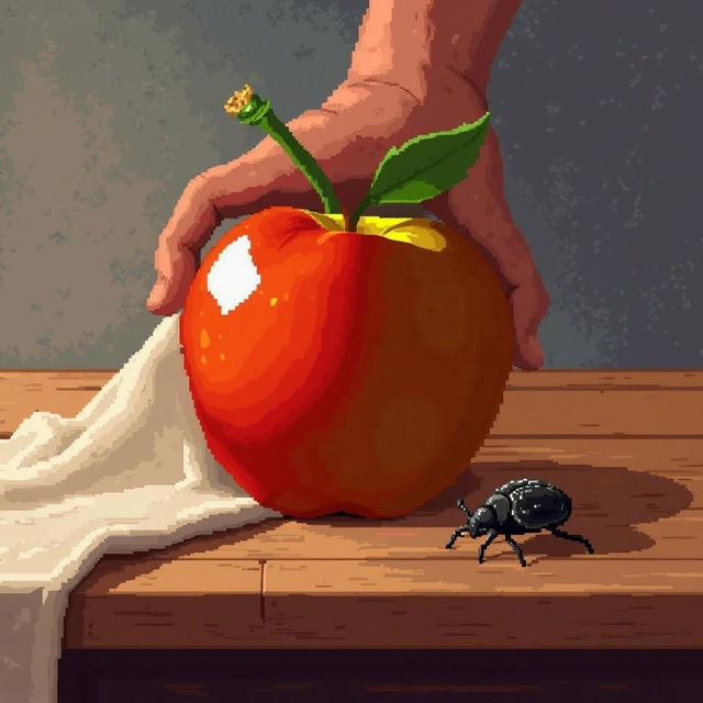 pixel art of a still life scene with an apple, featuring a glossy apple with detailed pixel shading and lighting on a rustic wooden table, accompanied by a small beetle for a touch of life, a large kitchen towel draped on the side, the whole scene is set against a softly lit cozy kitchen background, creating a warm and nostalgic atmosphere