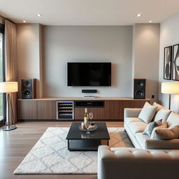 Design a modern and stylish living room focused on the TV area, incorporating a wine refrigerator, two audio speakers, and a cabinet