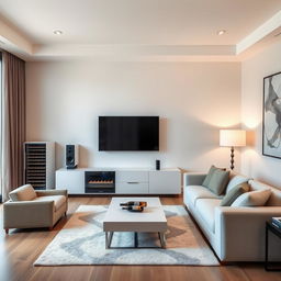 Design a modern and stylish living room focused on the TV area, incorporating a wine refrigerator, two audio speakers, and a cabinet