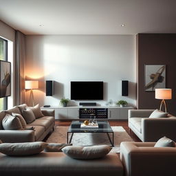 Design a modern and stylish living room focused on the TV area, incorporating a wine refrigerator, two audio speakers, and a cabinet