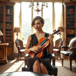 A female violinist sits elegantly in a luxurious interview room, her violin resting on her lap