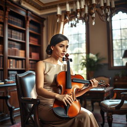 A female violinist sits elegantly in a luxurious interview room, her violin resting on her lap