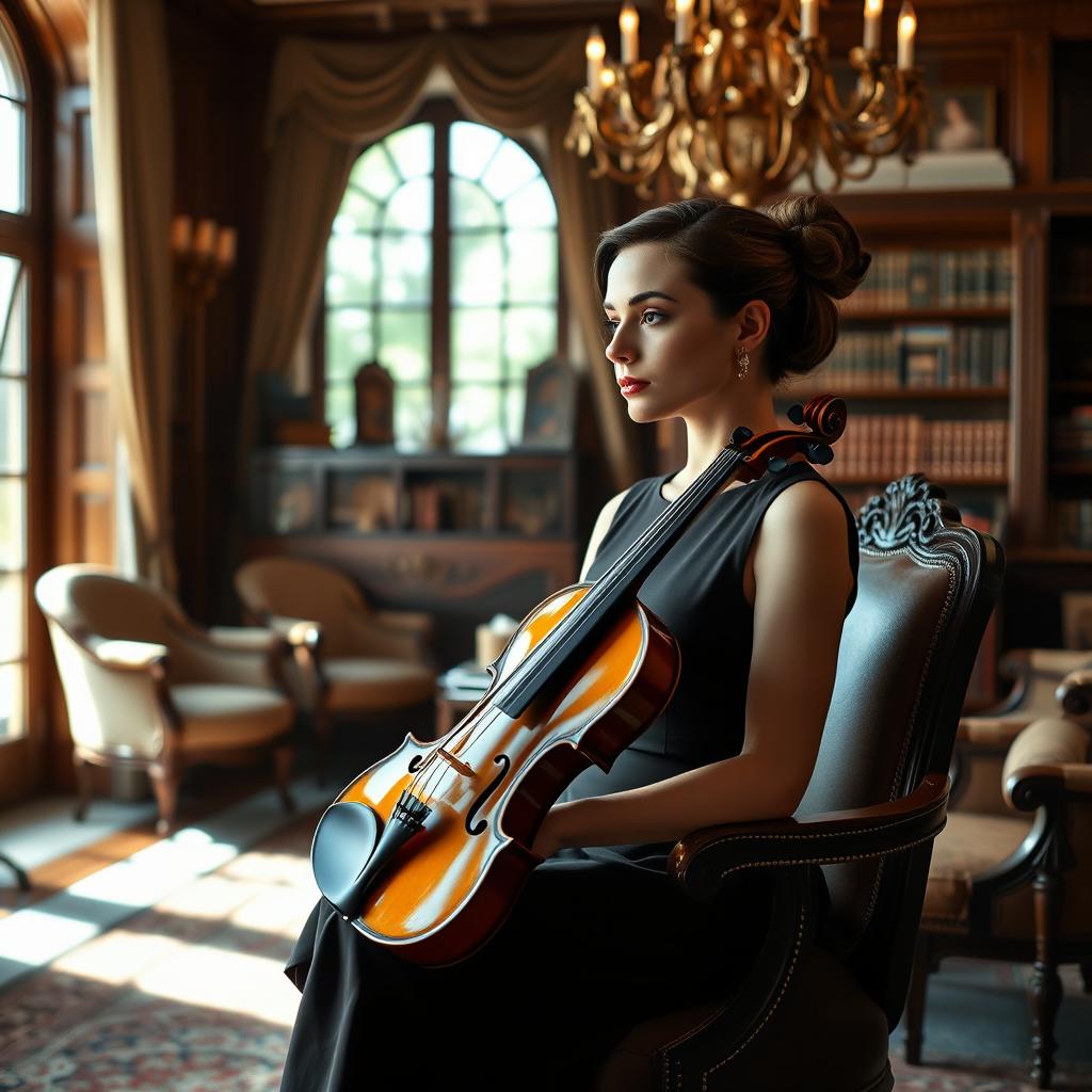 A female violinist sits elegantly in a luxurious interview room, her violin resting on her lap