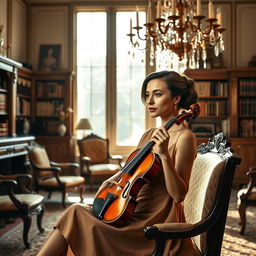 A female violinist sits elegantly in a luxurious interview room, her violin resting on her lap