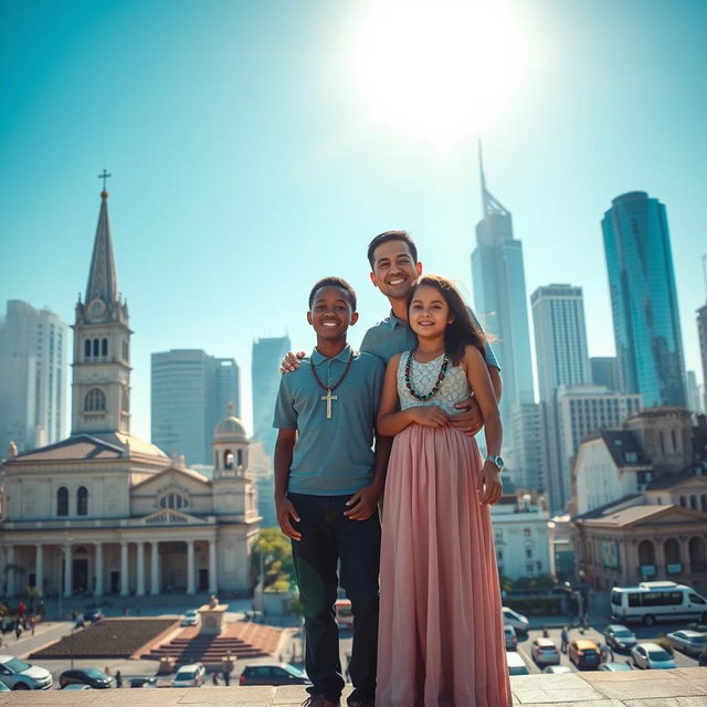 A Catholic heterosexual couple with a black boy and a young girl wearing a long skirt