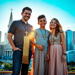 A Catholic heterosexual couple with a black boy and a young girl wearing a long skirt