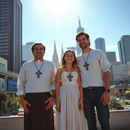 A Catholic heterosexual couple with a black boy and a young girl wearing a long skirt