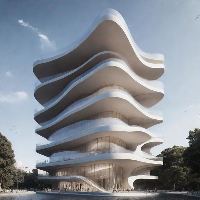 Poster featuring the concept 'Flowing Waves: Soaring Beyond the Boundaries of Architecture', encompassing a fluid, wave-like structure transforming into an architecturally advanced building, symbolizing transcendence of limits in architecture.