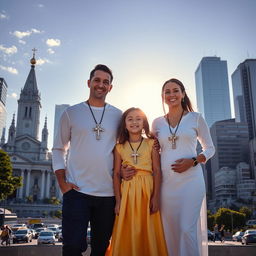 A Catholic heterosexual couple with a black boy and a young girl wearing a long skirt