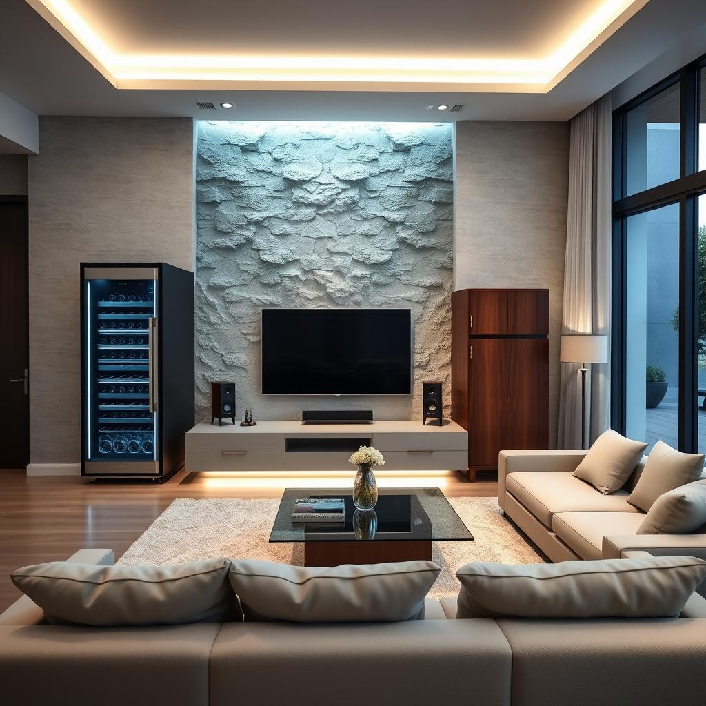 Design a modern and elegant living room focused on the TV area, seamlessly integrating a wine refrigerator, two audio speakers, an armoire, and an aquatic panel