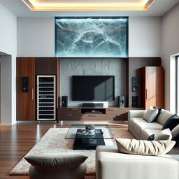 Design a modern and elegant living room focused on the TV area, seamlessly integrating a wine refrigerator, two audio speakers, an armoire, and an aquatic panel