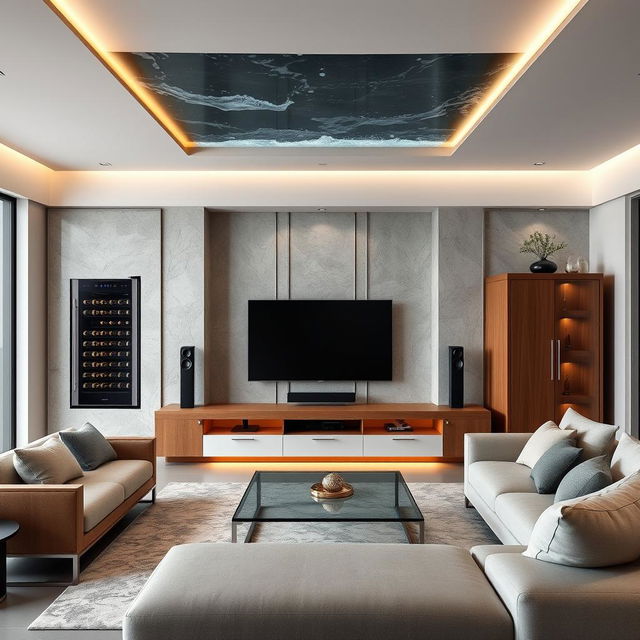 Design a modern and elegant living room focused on the TV area, seamlessly integrating a wine refrigerator, two audio speakers, an armoire, and an aquatic panel