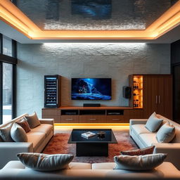 Design a modern and elegant living room focused on the TV area, seamlessly integrating a wine refrigerator, two audio speakers, an armoire, and an aquatic panel