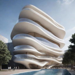 Poster featuring the concept 'Flowing Waves: Soaring Beyond the Boundaries of Architecture', encompassing a fluid, wave-like structure transforming into an architecturally advanced building, symbolizing transcendence of limits in architecture.