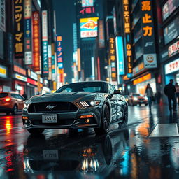 A Ford Mustang navigating through the rainy streets of Tokyo at night, surrounded by vibrant neon lights reflecting off the wet pavement