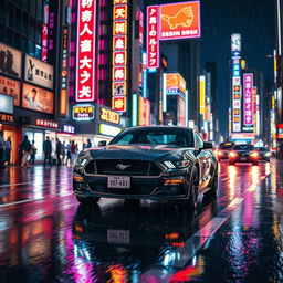 A Ford Mustang navigating through the rainy streets of Tokyo at night, surrounded by vibrant neon lights reflecting off the wet pavement