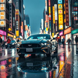 A Ford Mustang navigating through the rainy streets of Tokyo at night, surrounded by vibrant neon lights reflecting off the wet pavement