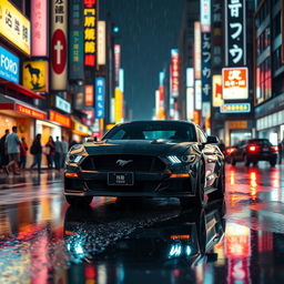 A Ford Mustang navigating through the rainy streets of Tokyo at night, surrounded by vibrant neon lights reflecting off the wet pavement