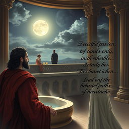 In a grand palace, King David gazes upon Bathsheba bathing on the rooftop, her beauty mesmerizing under the moonlight