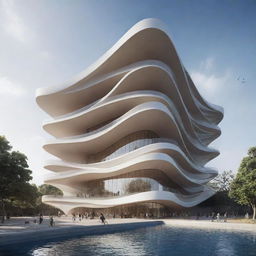 Poster featuring the concept 'Flowing Waves: Soaring Beyond the Boundaries of Architecture', encompassing a fluid, wave-like structure transforming into an architecturally advanced building, symbolizing transcendence of limits in architecture.