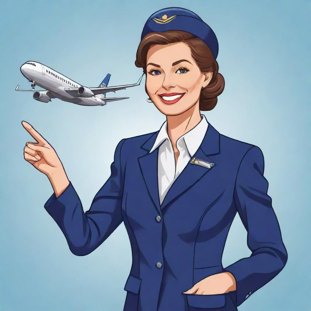 A cheerful cartoon-style illustration of a woman dressed in an elegant flight attendant uniform, embodying professionalism, hospitality, and poise in flight service.