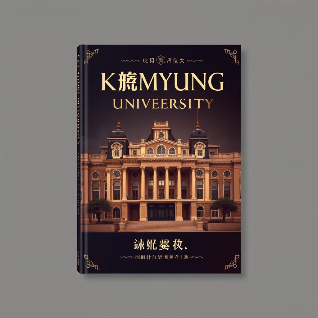 A book cover design with a prestigious university theme, featuring a magnificent academic building symbolizing Keimyung University