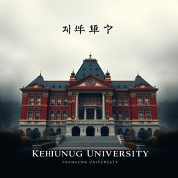 A book cover design with a prestigious university theme, featuring a magnificent academic building symbolizing Keimyung University