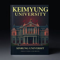 A book cover design with a prestigious university theme, featuring a magnificent academic building symbolizing Keimyung University