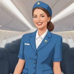 A cheerful cartoon-style illustration of a woman dressed in an elegant flight attendant uniform, embodying professionalism, hospitality, and poise in flight service.