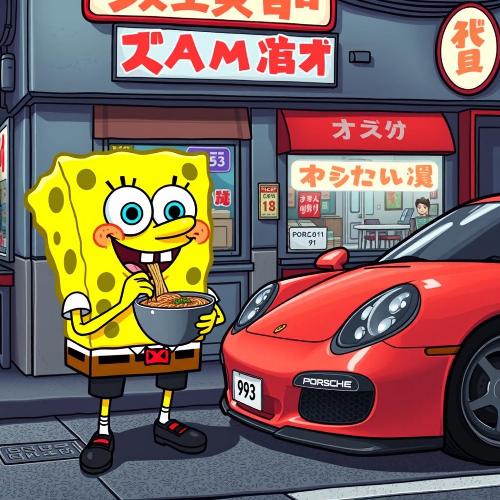 SpongeBob SquarePants dressed in stylish Jordan apparel, enjoying a bowl of ramen at a bustling ramen shop