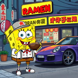 SpongeBob SquarePants dressed in stylish Jordan apparel, enjoying a bowl of ramen at a bustling ramen shop