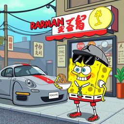 SpongeBob SquarePants dressed in stylish Jordan apparel, enjoying a bowl of ramen at a bustling ramen shop