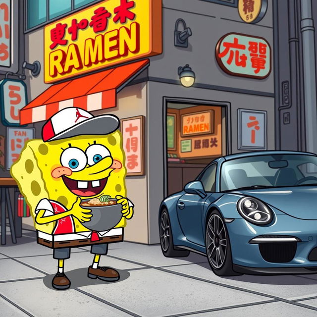 SpongeBob SquarePants dressed in stylish Jordan apparel, enjoying a bowl of ramen at a bustling ramen shop