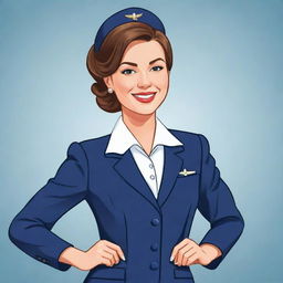 A cheerful cartoon-style illustration of a woman dressed in an elegant flight attendant uniform, embodying professionalism, hospitality, and poise in flight service.