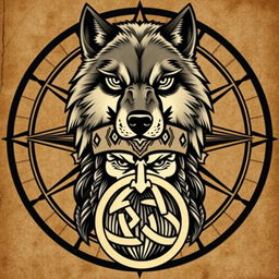 A wolf's head at the top with fierce and dignified features, set against the background of a Viking compass, the Vegvisir, intricately detailed and symbolizing guidance and protection