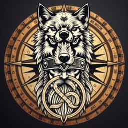 A wolf's head at the top with fierce and dignified features, set against the background of a Viking compass, the Vegvisir, intricately detailed and symbolizing guidance and protection