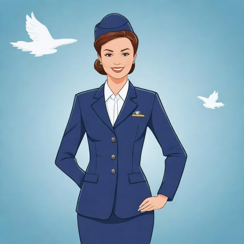 A cheerful cartoon-style illustration of a woman dressed in an elegant flight attendant uniform, embodying professionalism, hospitality, and poise in flight service.