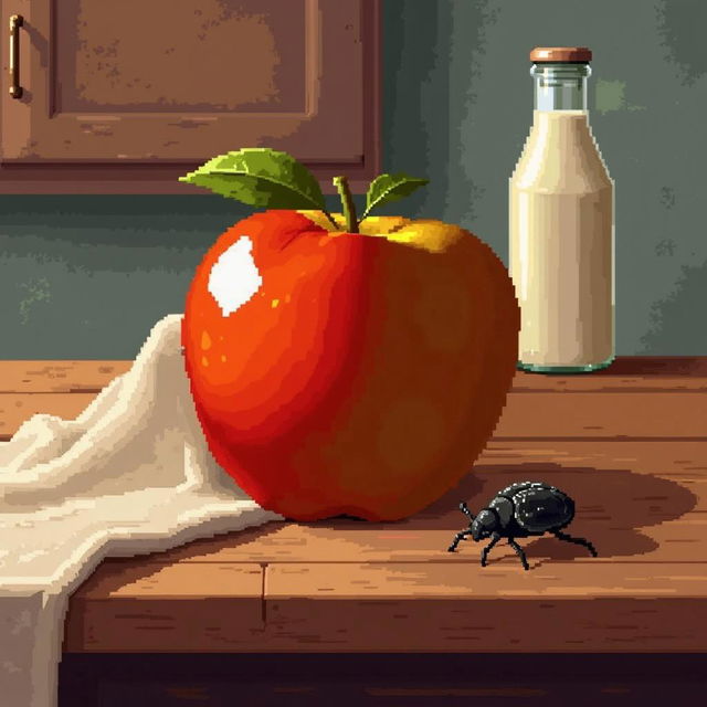 pixel art still life featuring an apple, with intricate shading, on a wooden table