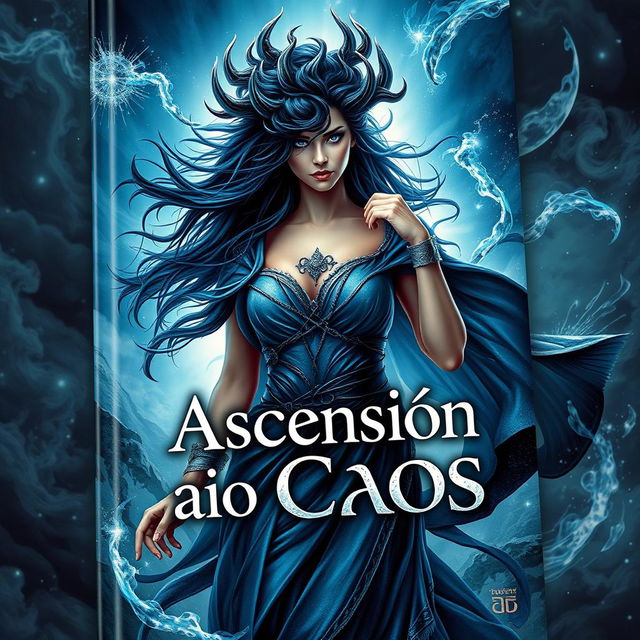 A captivating book cover depicting Eris, the goddess of chaos, in a dramatic and powerful pose symbolizing her ascent to chaos