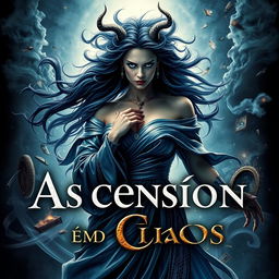 A captivating book cover depicting Eris, the goddess of chaos, in a dramatic and powerful pose symbolizing her ascent to chaos