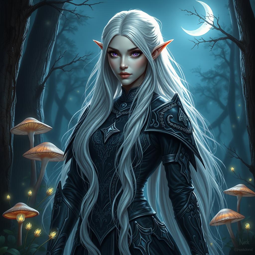 A majestic drow, an ethereal dark elf, with long white hair cascading gracefully down her back, piercing violet eyes, and a mysterious aura