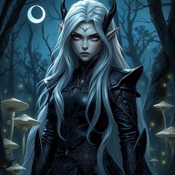 A majestic drow, an ethereal dark elf, with long white hair cascading gracefully down her back, piercing violet eyes, and a mysterious aura