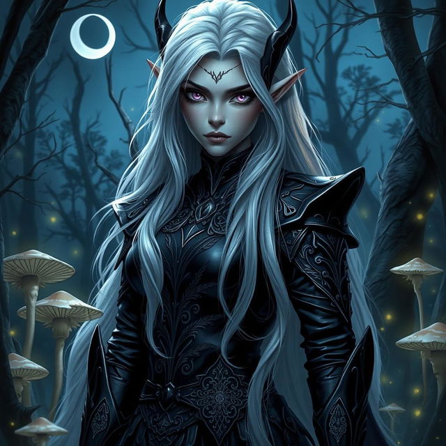 A majestic drow, an ethereal dark elf, with long white hair cascading gracefully down her back, piercing violet eyes, and a mysterious aura