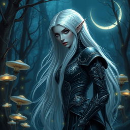 A majestic drow, an ethereal dark elf, with long white hair cascading gracefully down her back, piercing violet eyes, and a mysterious aura