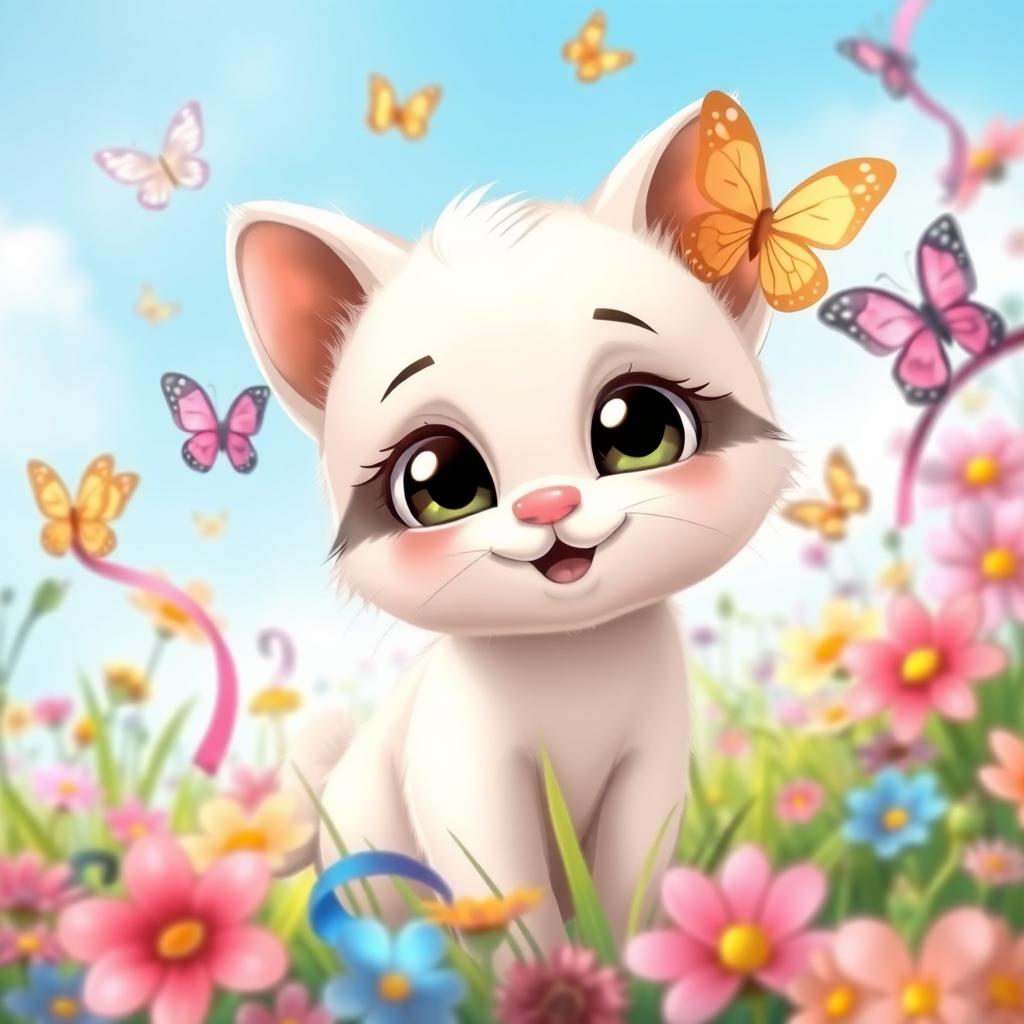 A cute and playful cartoon depiction of a small, friendly kitten with large eyes and a tiny pink nose