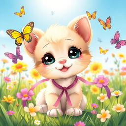 A cute and playful cartoon depiction of a small, friendly kitten with large eyes and a tiny pink nose