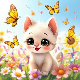 A cute and playful cartoon depiction of a small, friendly kitten with large eyes and a tiny pink nose