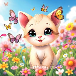 A cute and playful cartoon depiction of a small, friendly kitten with large eyes and a tiny pink nose