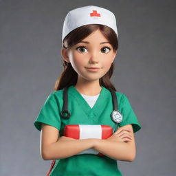 A teen female cartoon character, epitomizing bravery and preparedness to assist others, with her expertise in first aid techniques.