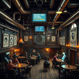 A rugged, metal-clad tavern room with the hum of machinery and the hiss of steam pipes